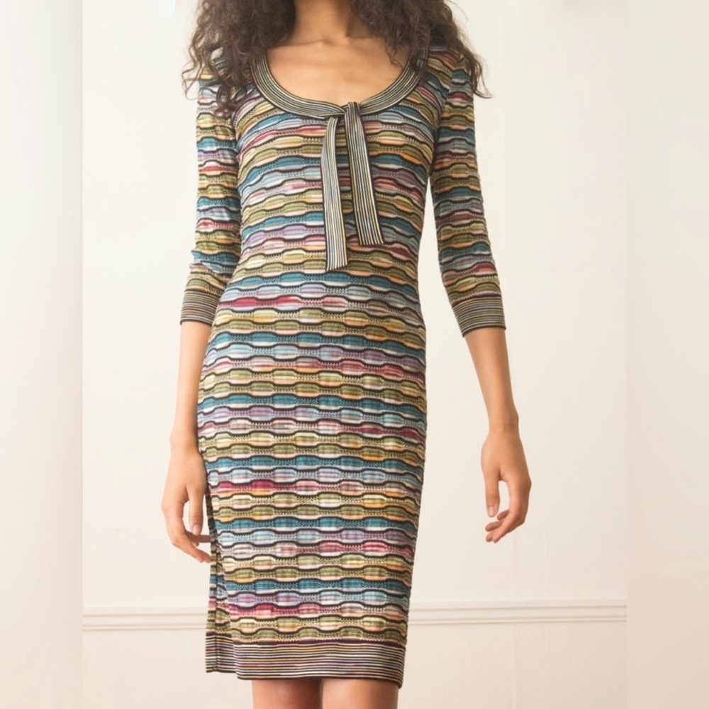 Missoni Y2K Vintage Bodycon Dress Y2K Rainbow Knit Size 44 S Small Stretch Tie‎